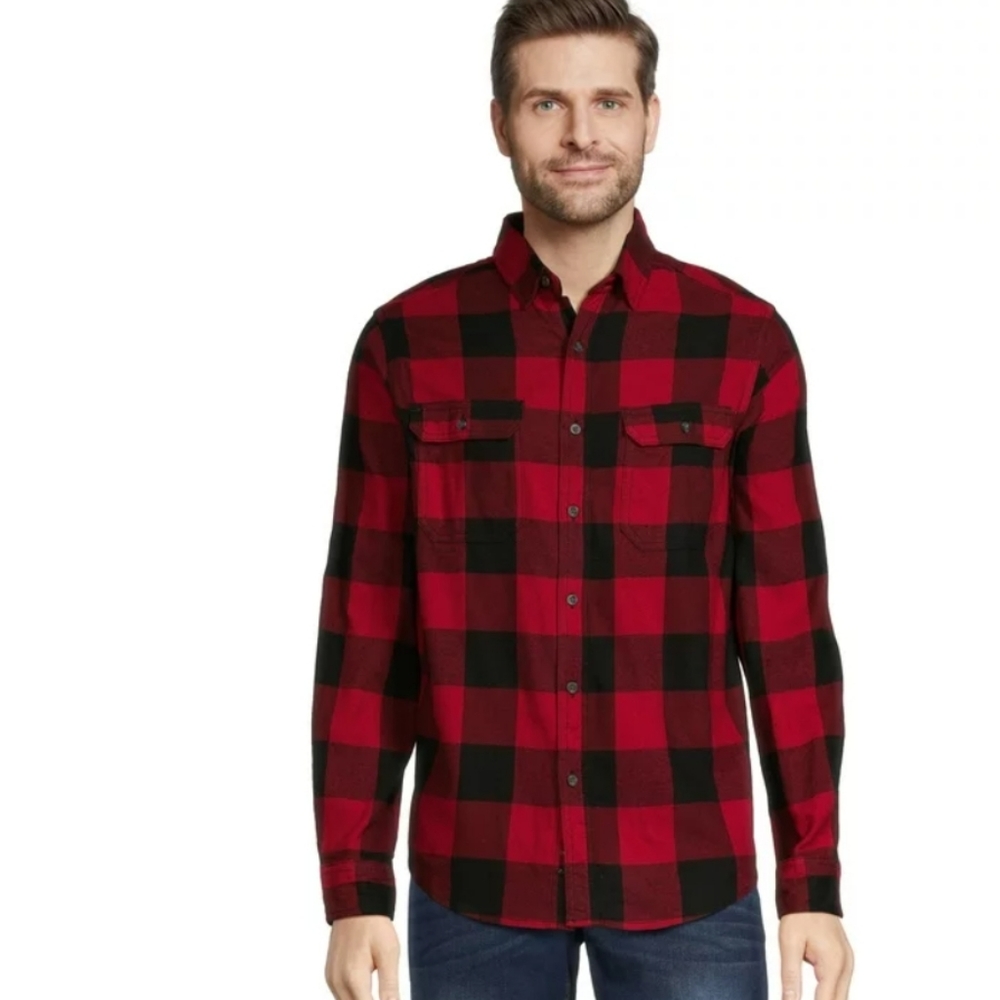 George Men's Red/Black Plaid Flannel Long Sleeve Top Size Medium EUC